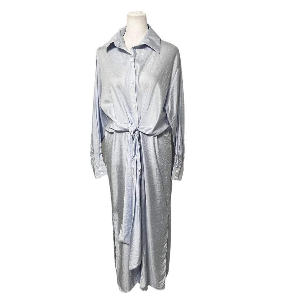 AEOM Vici Blue Sun Valley Tie Front Maxi Shirt Dress NWT Small - Picture 8 of 13